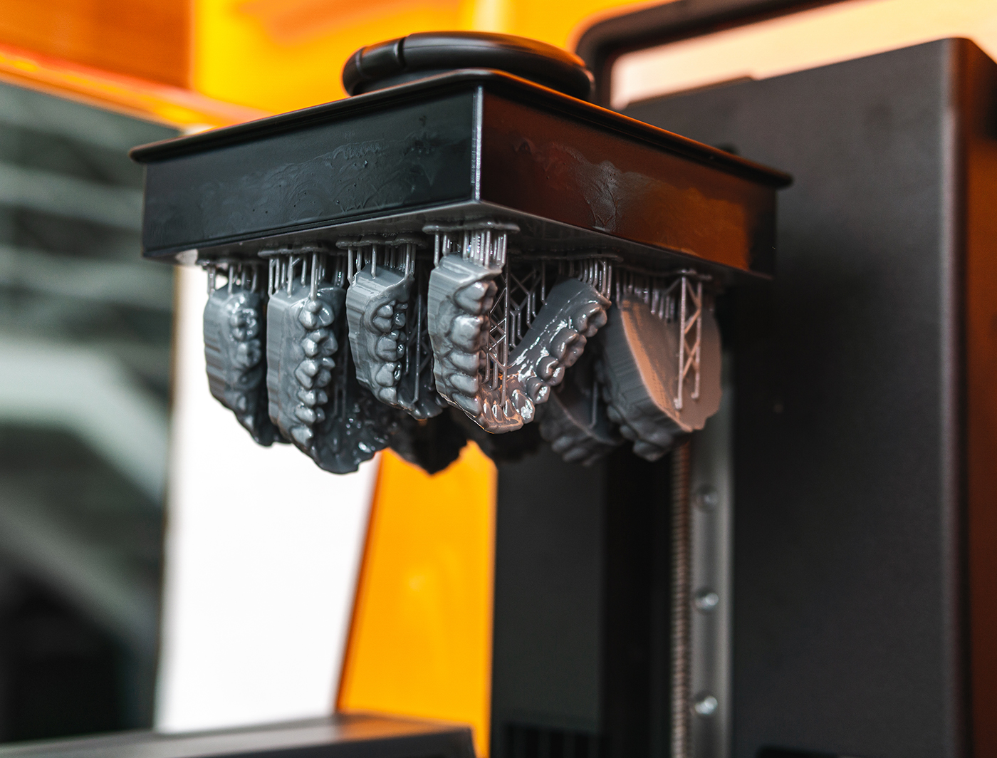 jaw models being printed in resin on a 3d printer in the lab. Mo