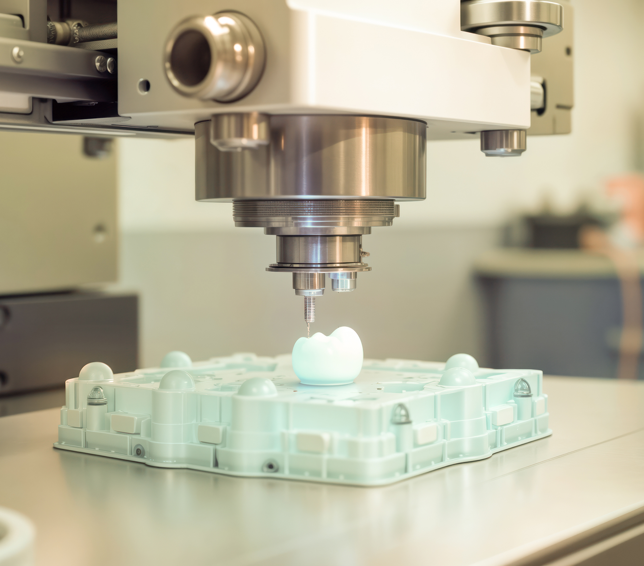 Modern dental lab machine mills ceramic tooth model. High-tech dental equipment precisely shapes prosthetic tooth. Advanced dental lab tech creates tooth restorations. Dental care tech makes accurate