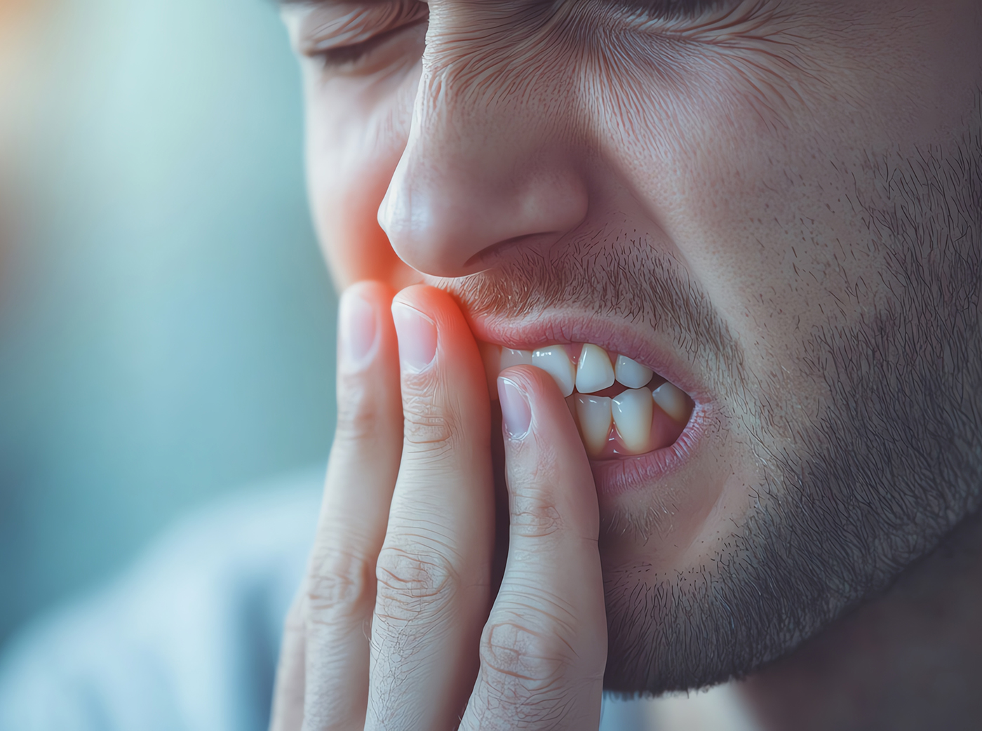 Dental emergency - Person with a hand on their jaw in visible discomfort, pain, sharp dental ache