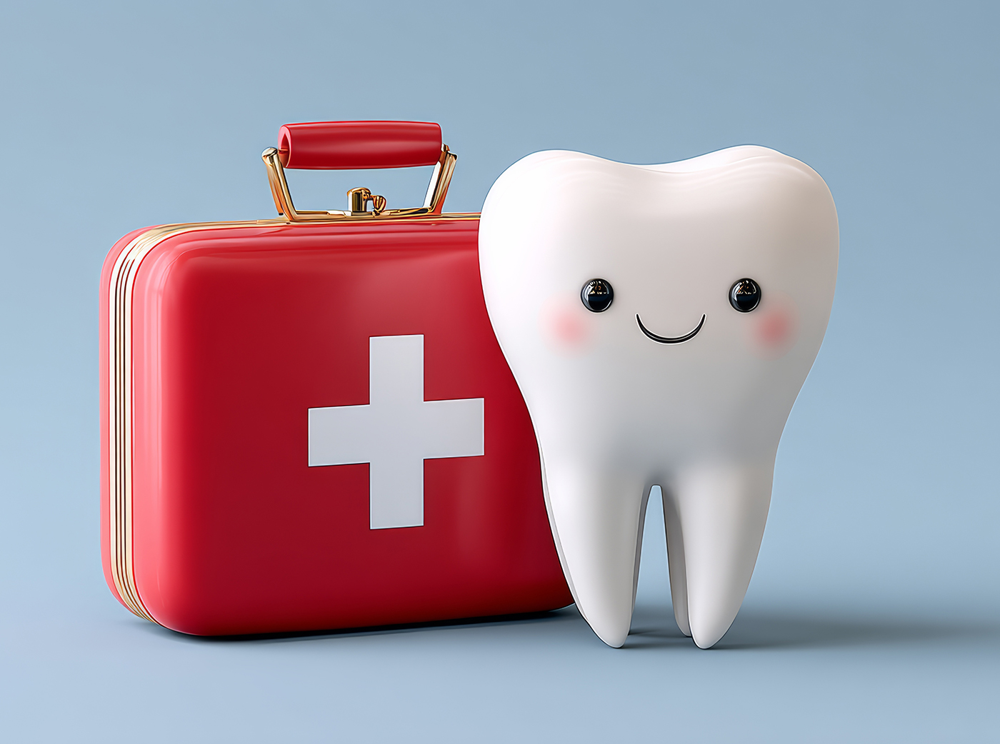 Dental Emergency London Ontario - Tooth is smiling and sitting next to a red box that says "First Aid Kit".
