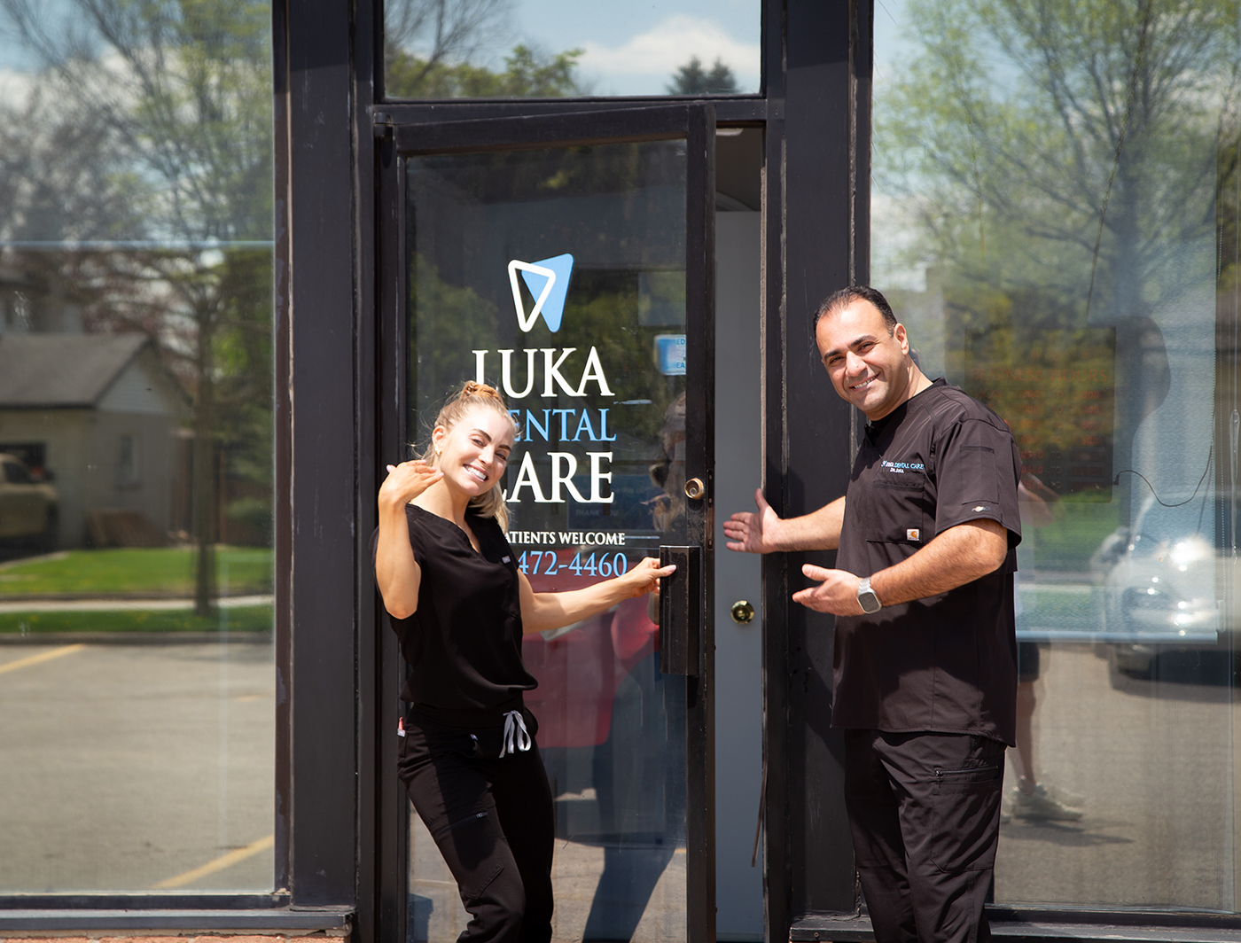 luka dental dentists Dr Aly and Dr Luka welcoming people to the London On dental office
